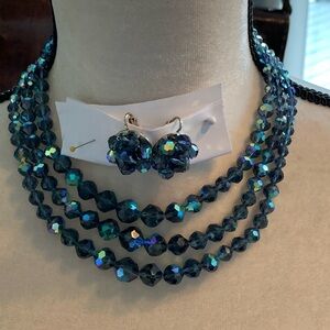 Vintage Laguna Peacock Aurora Borealis 3 Strand Necklace And Clip On Earring Set
